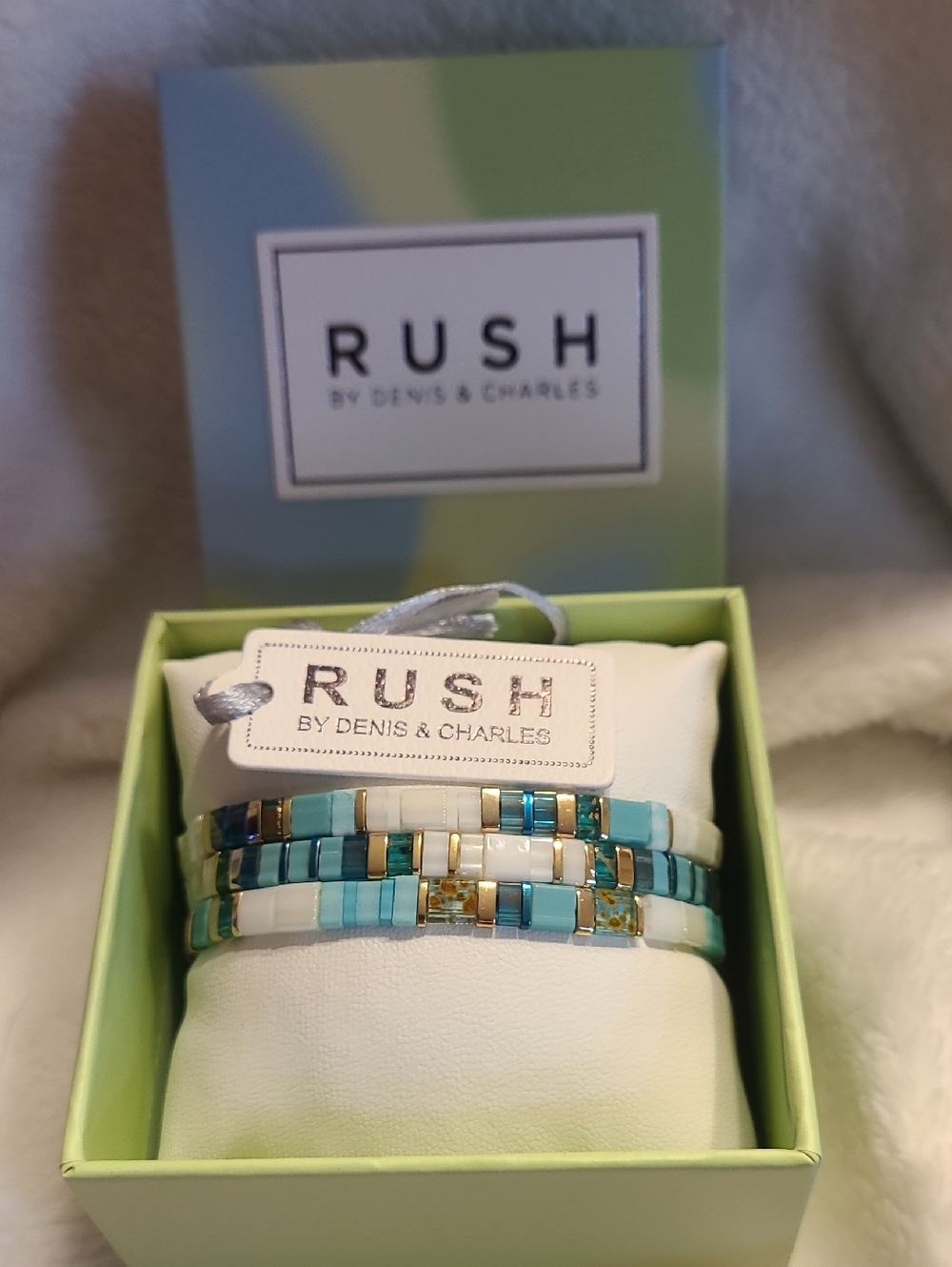 RUSH by Denis & Charles Turquoise & Gold Tile Stretch Bracelet Set